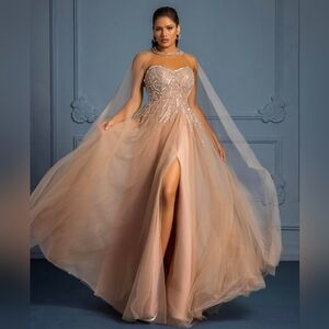 Elegant Strapless Women's Formal Off Shoulder Tulle Prom Maxi Dress with Halter